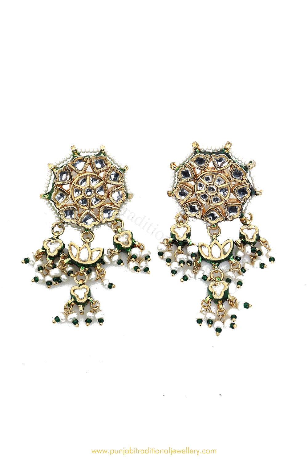 Gold Finished Semi Precious Pearl Kundan Earrings by PTJ