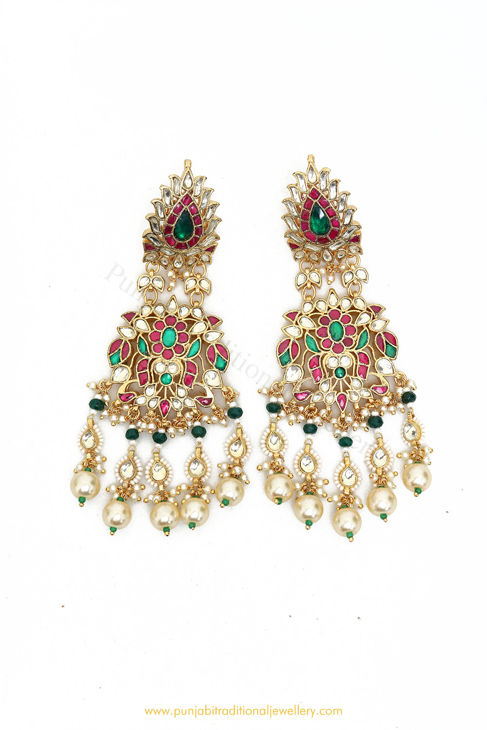 Gold Finished Rubby Emerald Kundan Earrings by PTJ
