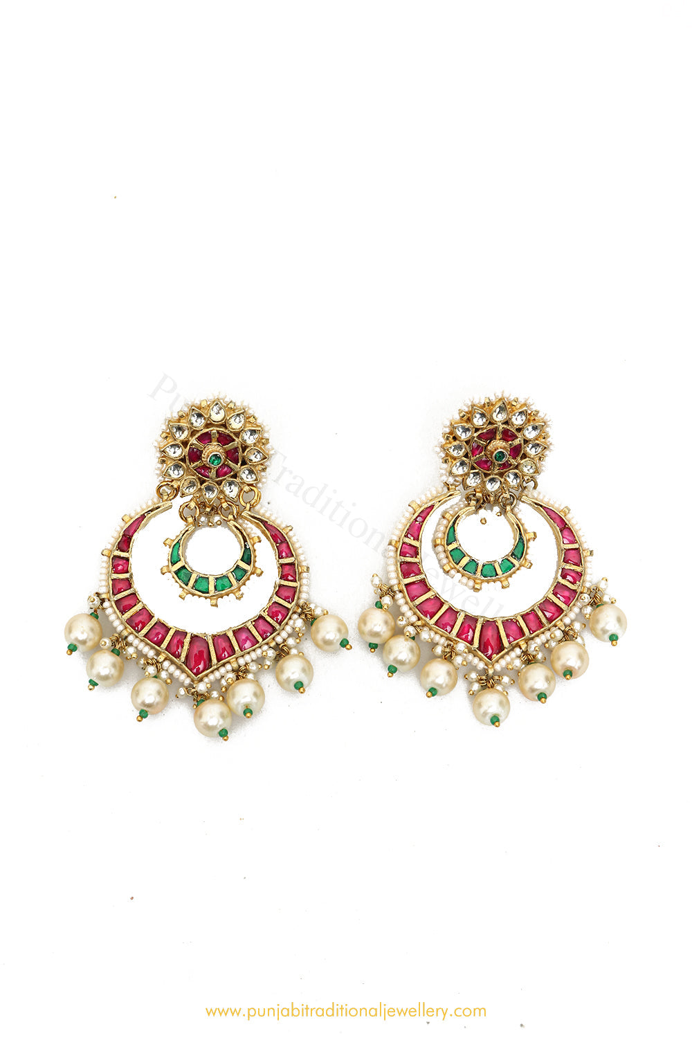 Gold Finished Rubby Emerald Kundan Earrings by PTJ