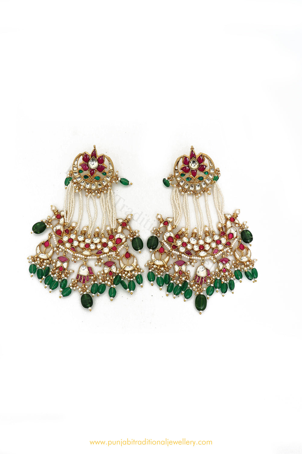 Gold Finished Rubby Emerald Kundan Earrings by PTJ