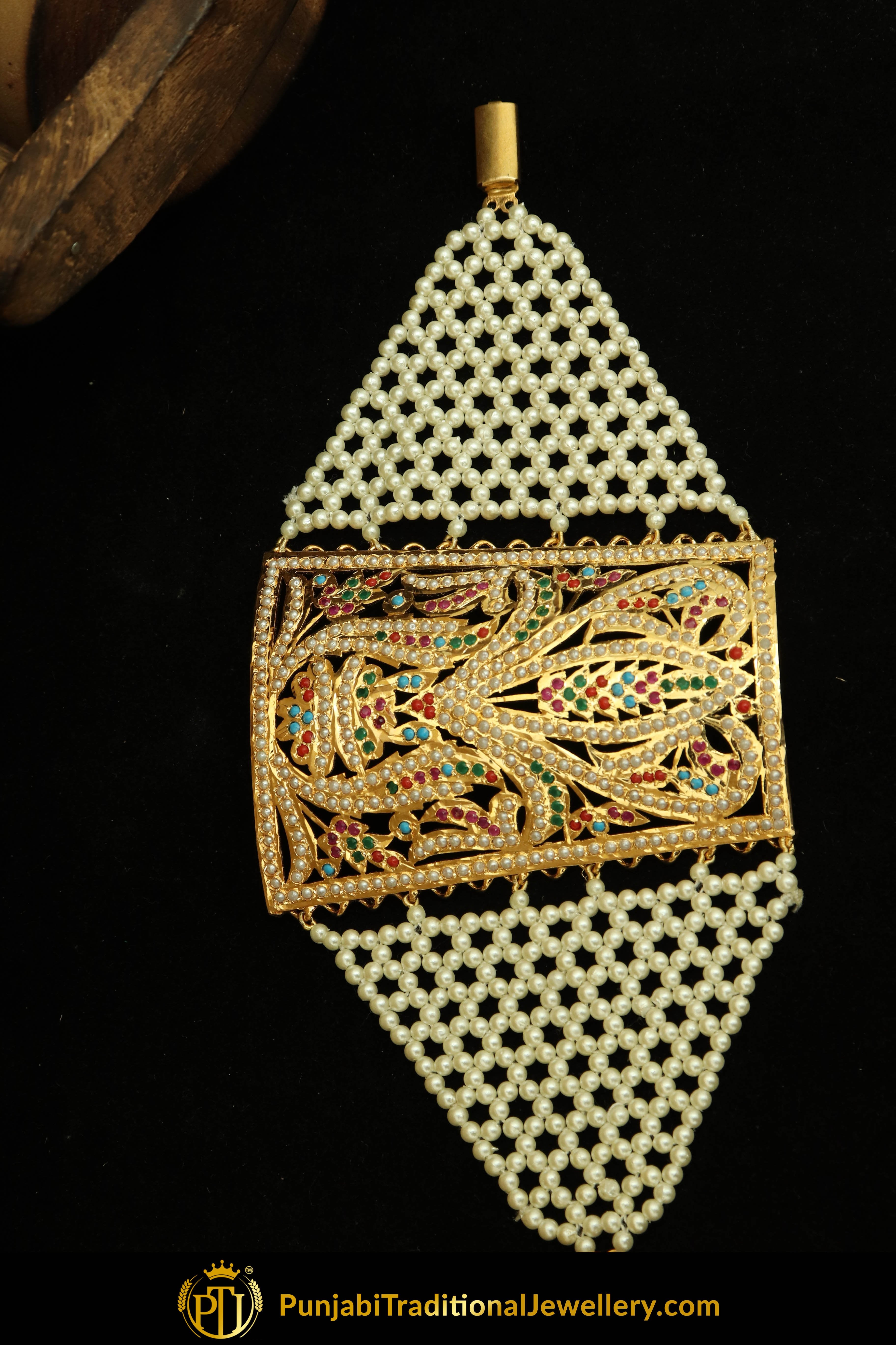 Gold Finished Navratan Jadau Bracelet | Punjabi Traditional Jewellery Exclusive