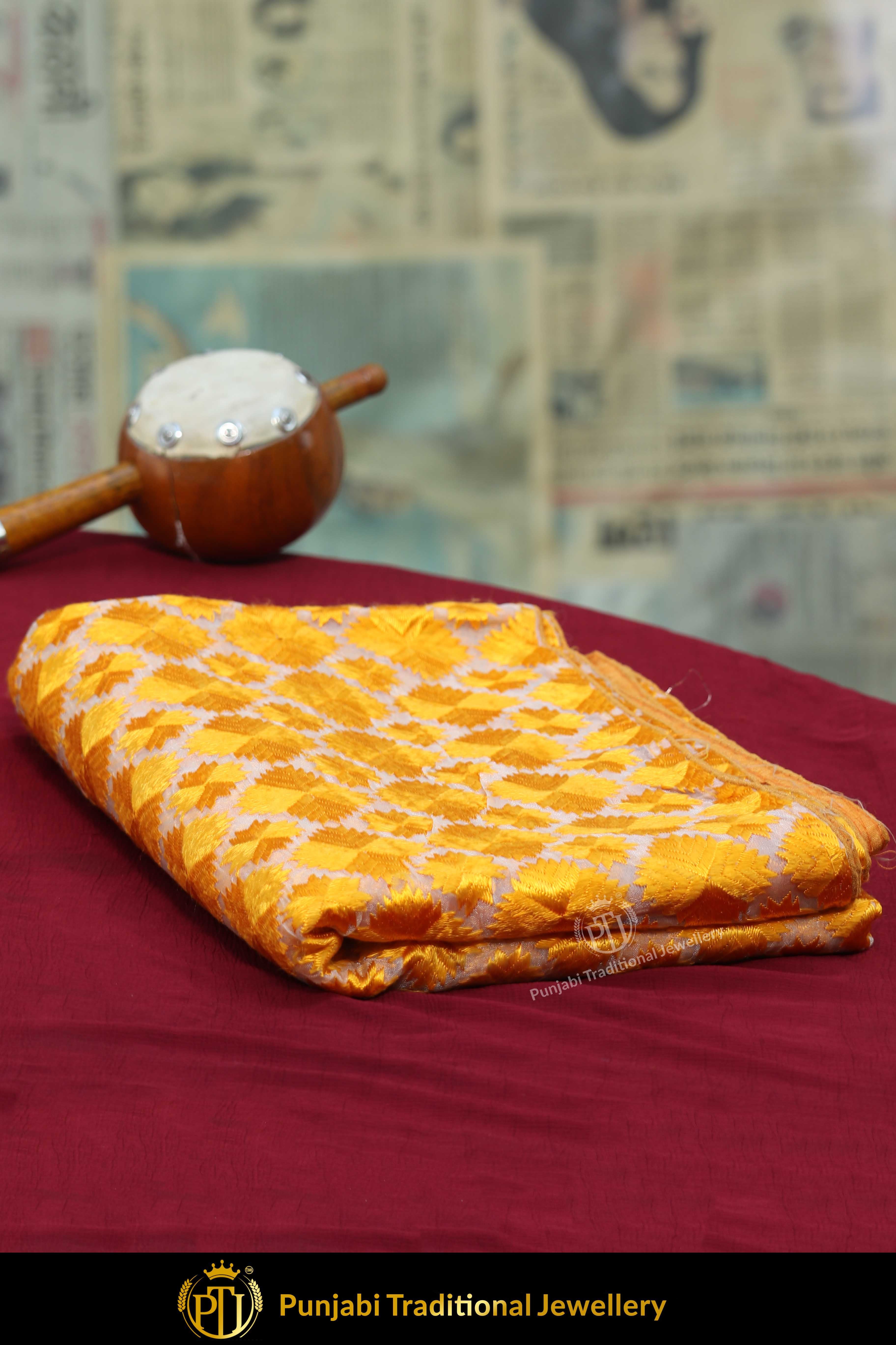 Golden Color Pure Phulkari Dupatta By Punjabi Traditional Jewellery
