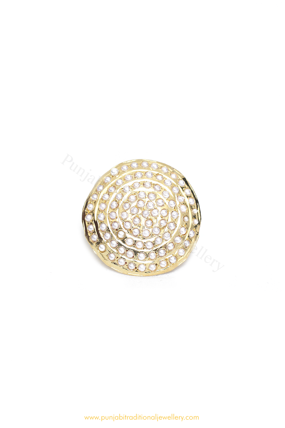 Gold Finished Pearl Jadau Ring By PTJ
