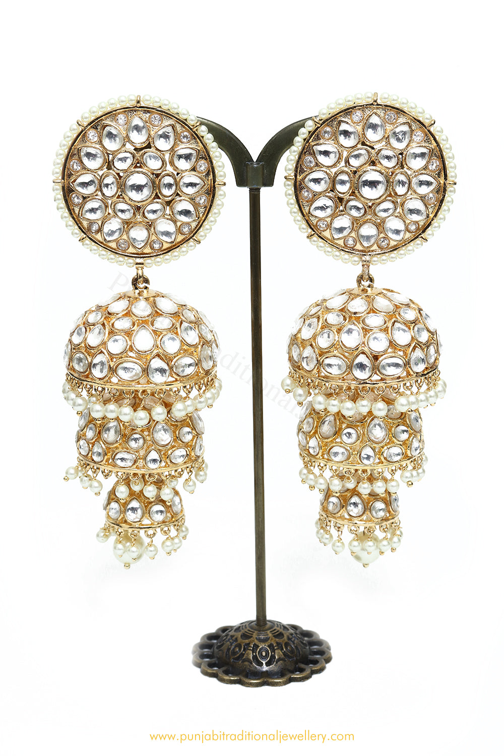Gold Finished Pearl Kundan Jhumki Earrings by PTJ
