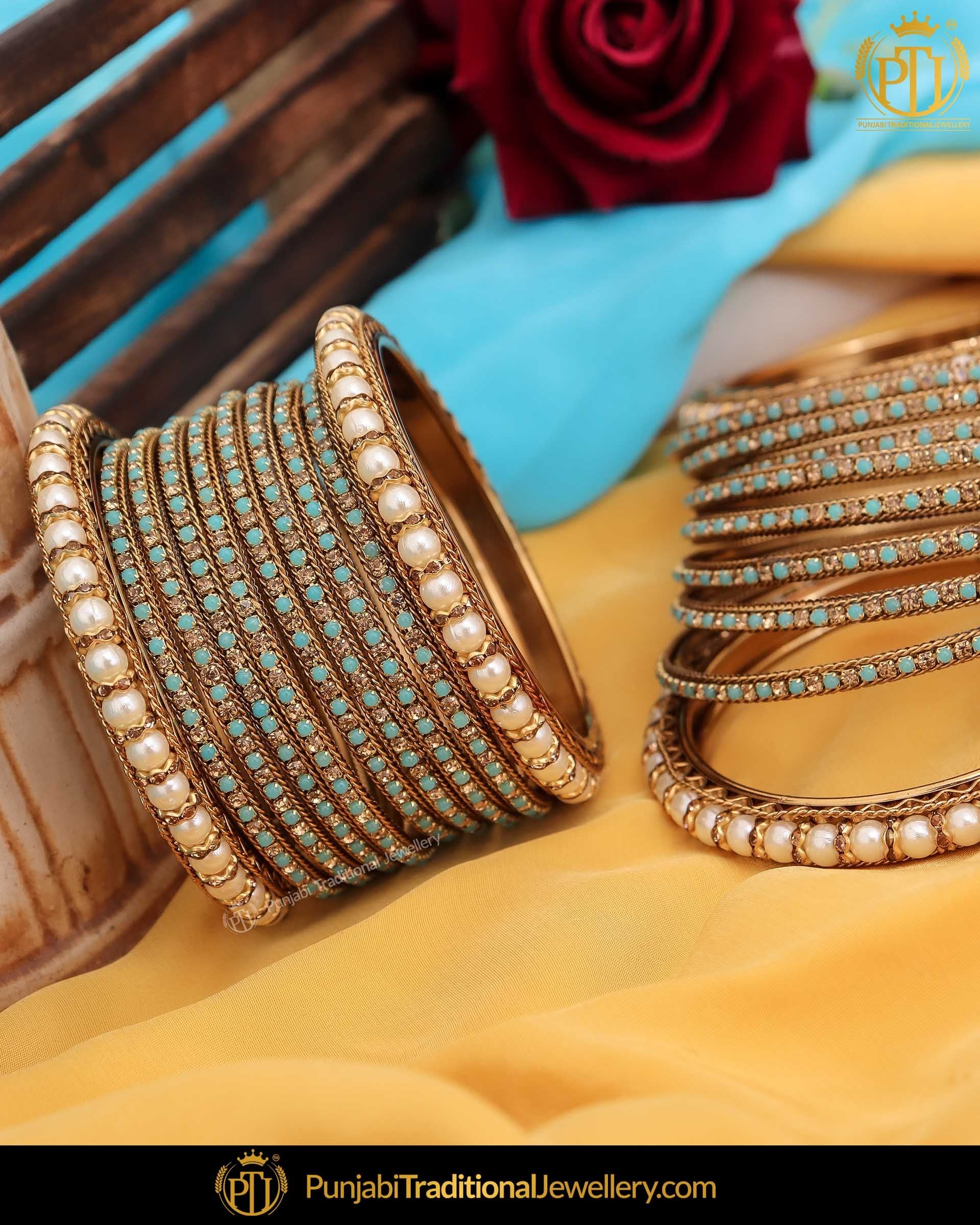 Antique Gold Finished Firozi Pearl Bangle Set (Both Hand Pair) | Punjabi Traditional Jewellery Exclusive