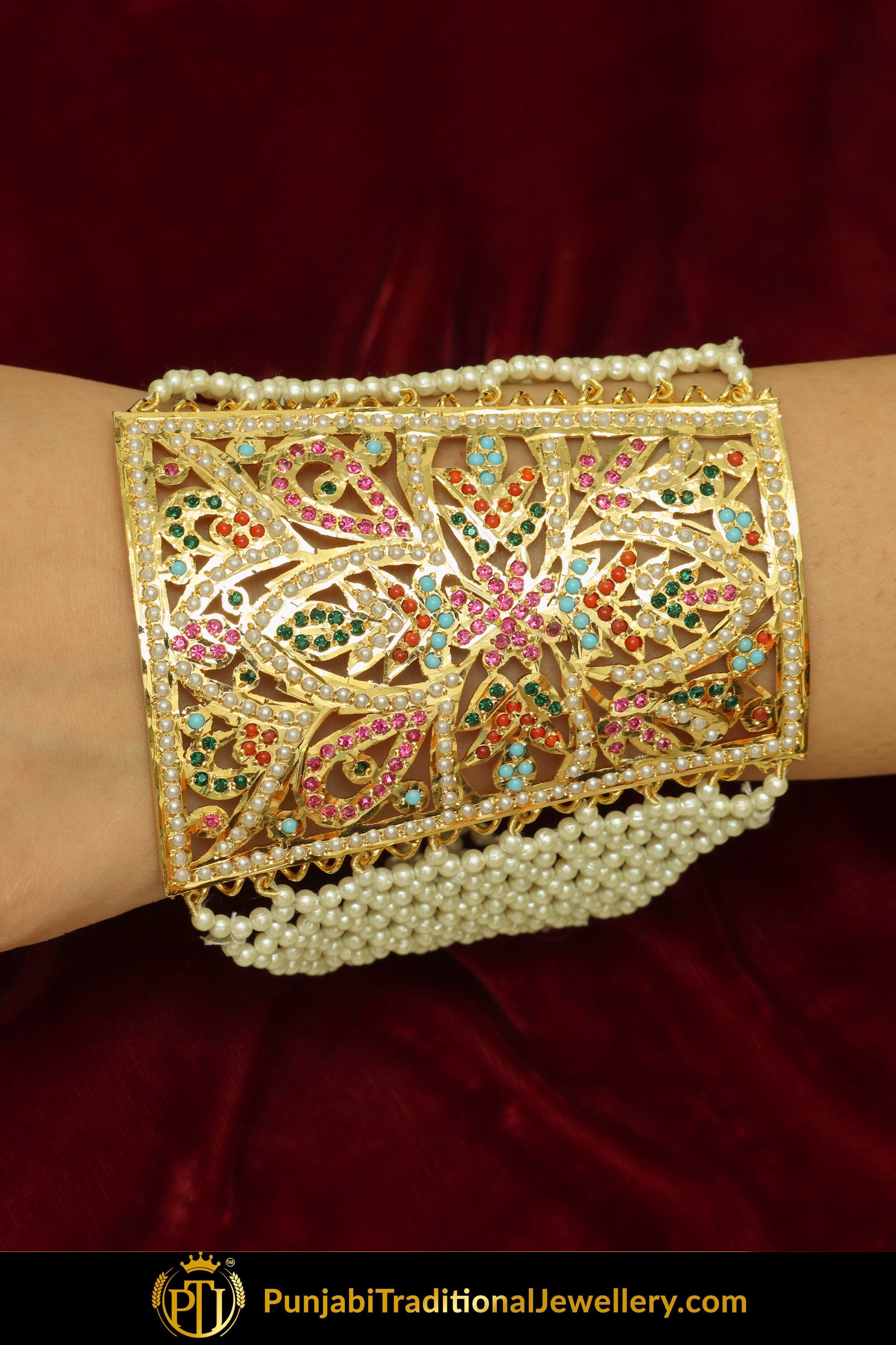 Gold Finished Navratan Jadau Bracelet | Punjabi Traditional Jewellery Exclusive