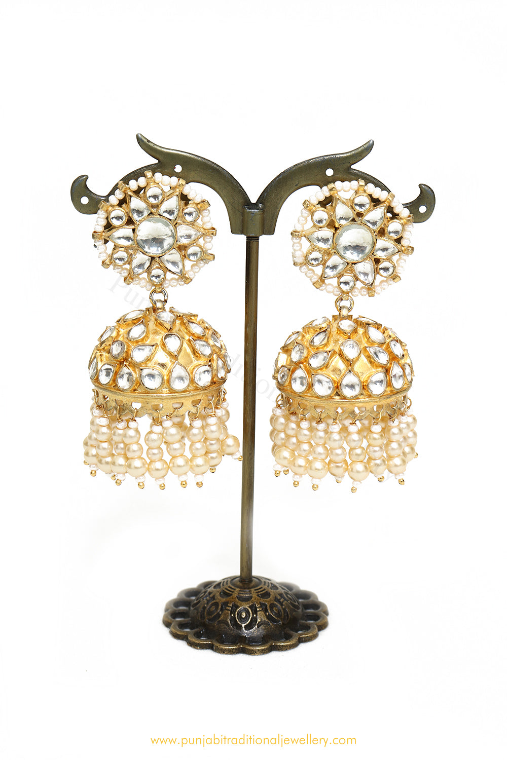 Gold Finished Pearl Kundan Jhumki Earrings by PTJ