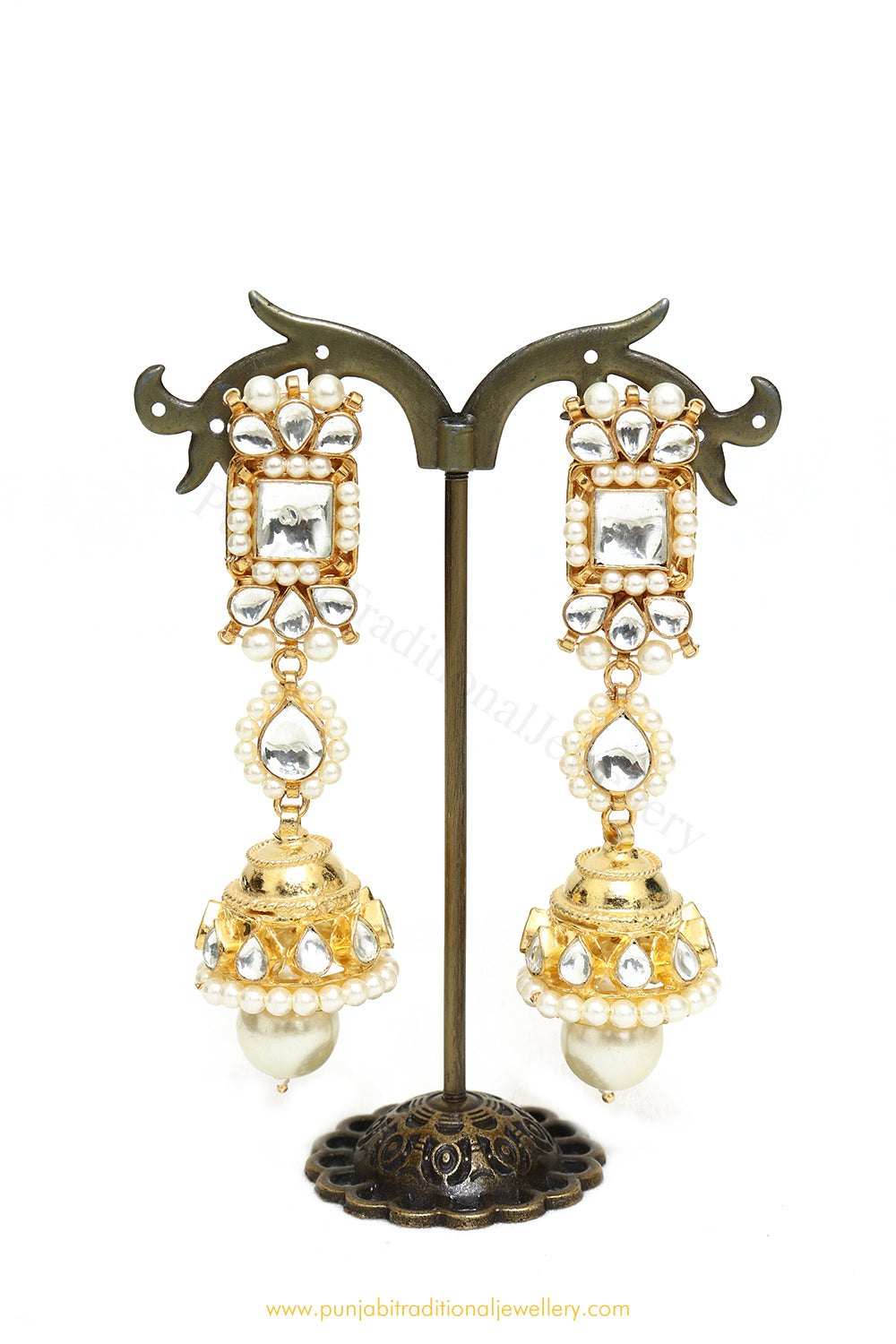 Gold Finished Pearl Kundan Jhumki Earrings by PTJ