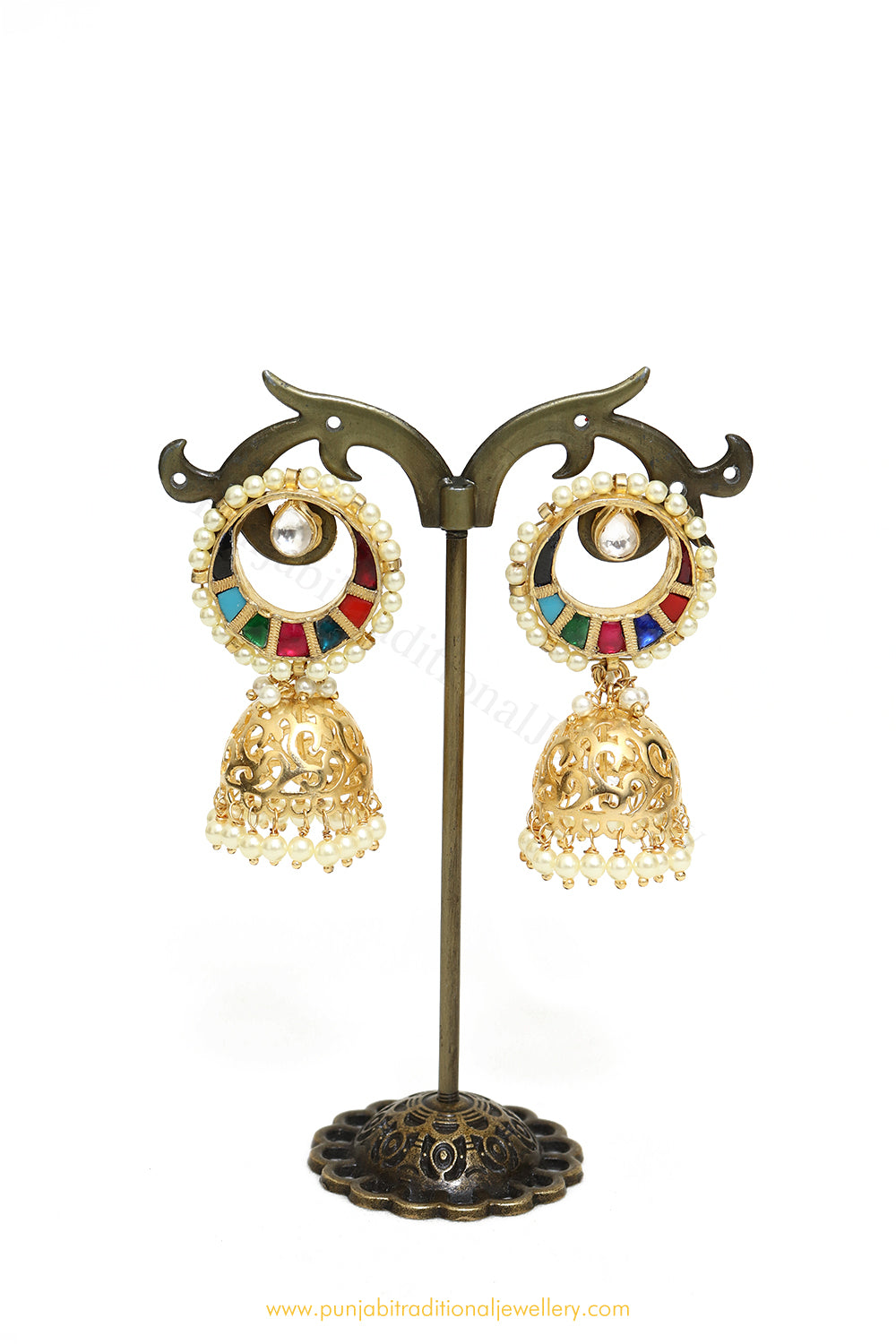Gold Finished Navratan Kundan Jhumki Earrings by PTJ