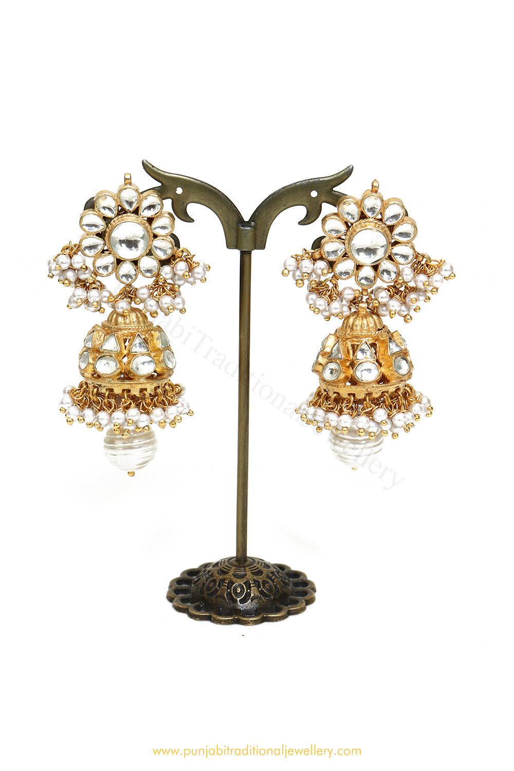 Gold Finished Pearl Kundan Jhumki Earrings by PTJ