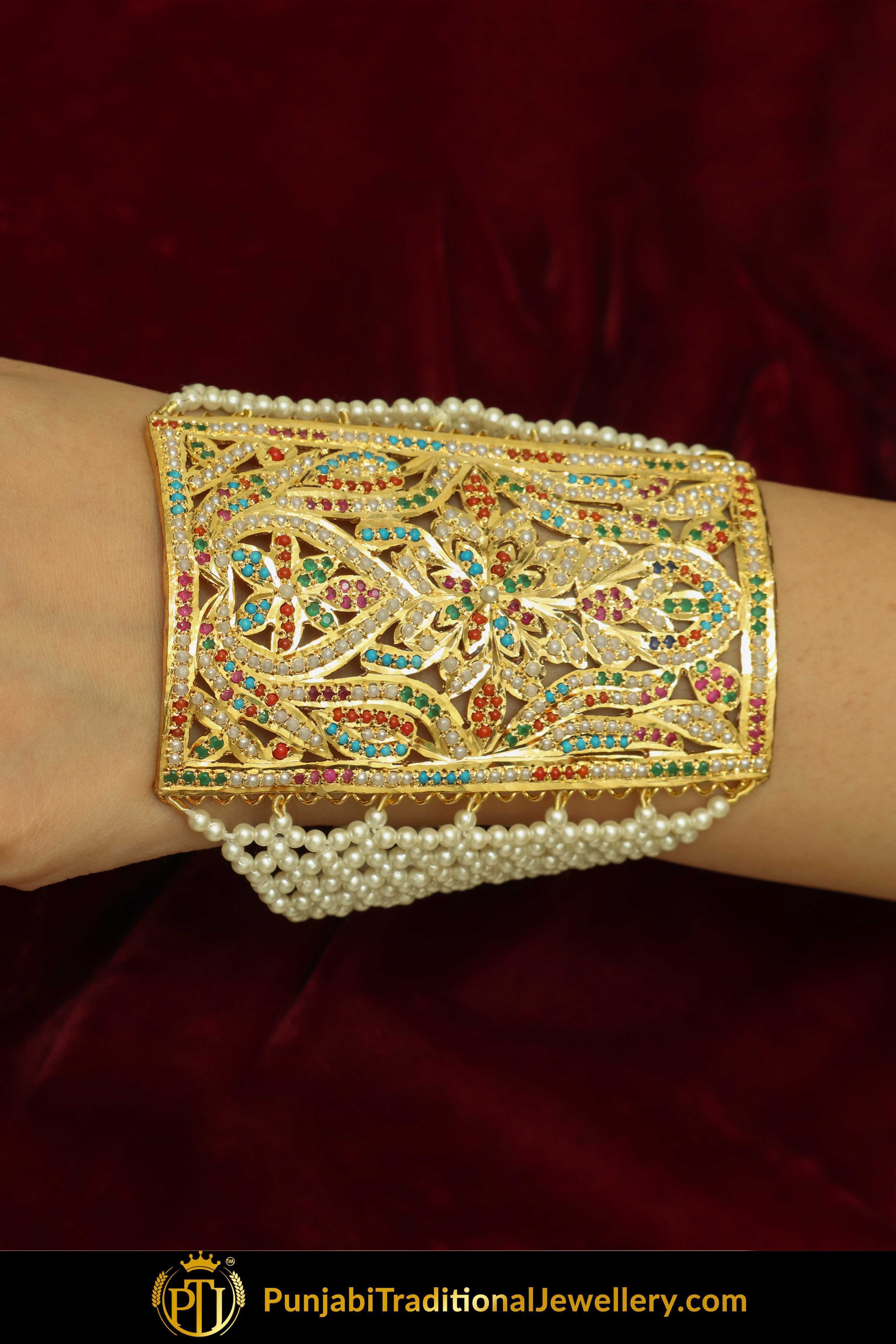 Gold Finished Navratan Jadau Bracelet | Punjabi Traditional Jewellery Exclusive