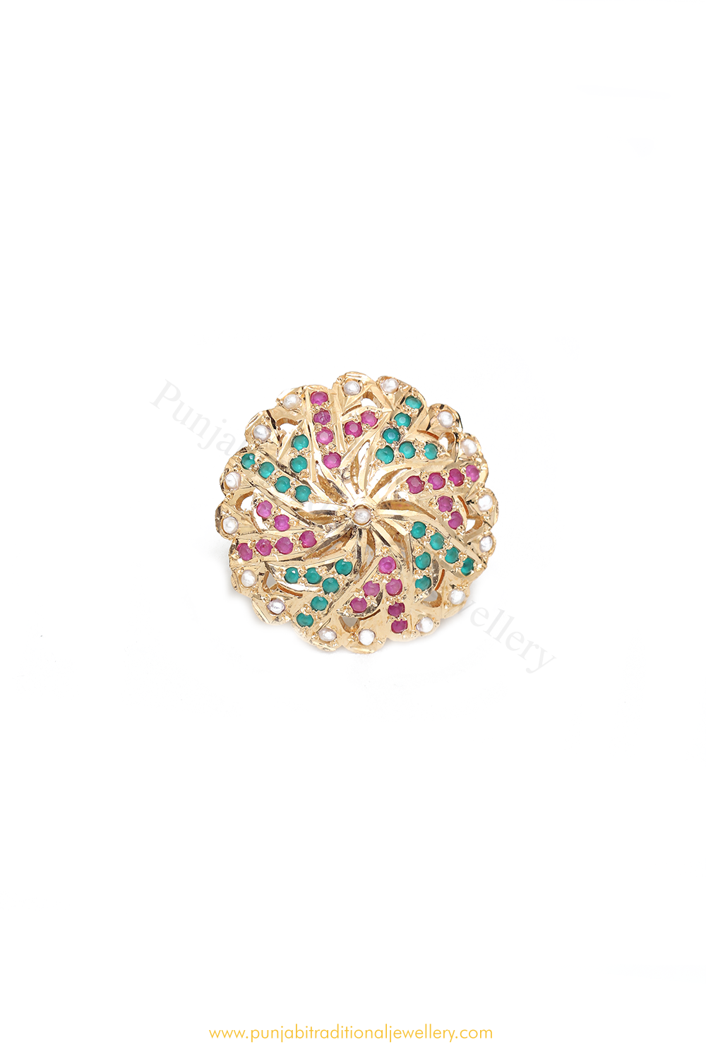 Gold Finished Navratan Jadau Ring By PTJ