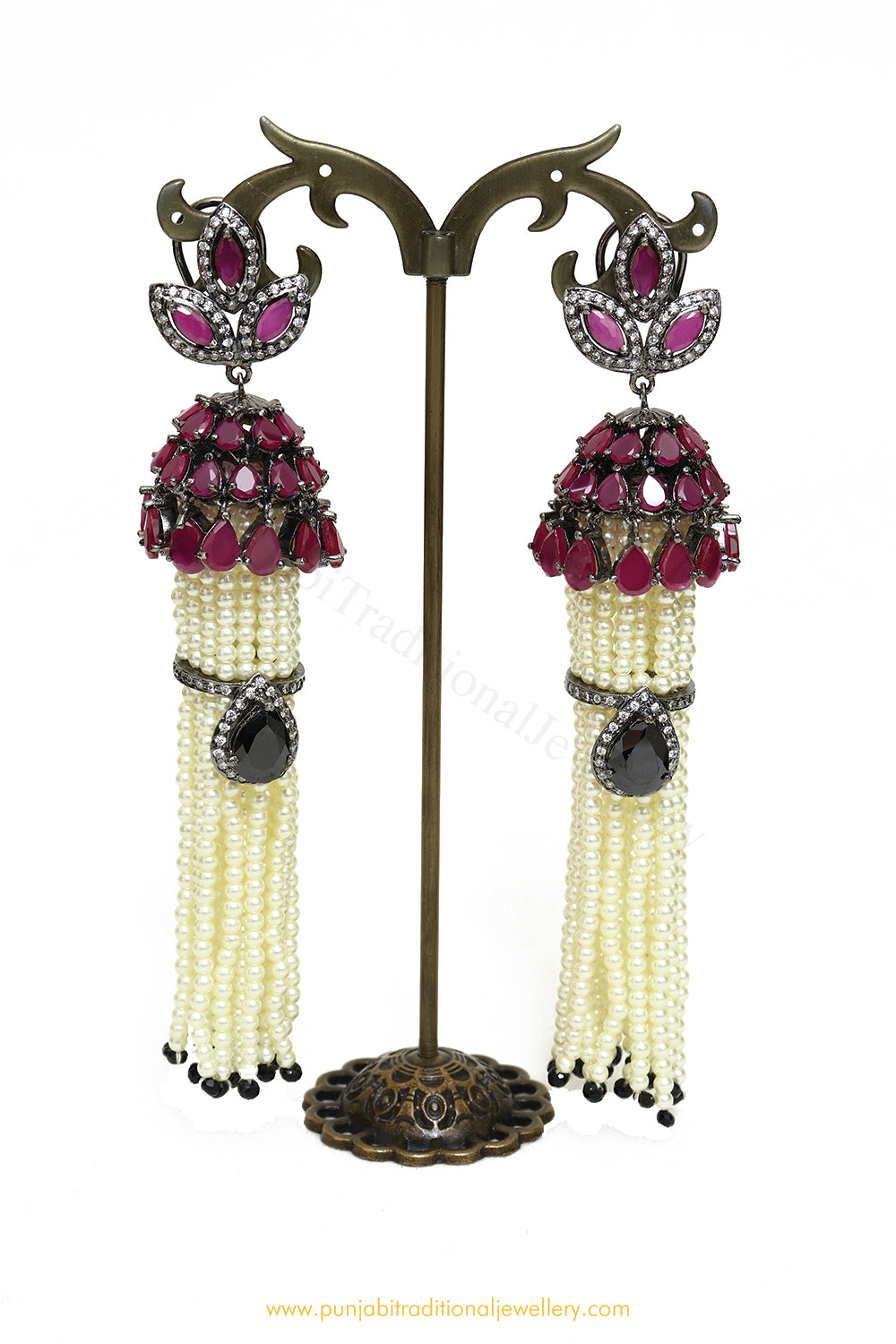 Oxidised Silver Rubby Jhumki Earrings by PTJ