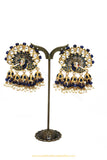 Gold Finished Blue Kundan Jhumki Earrings by PTJ