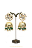 Gold Finished Emerald Kundan Jhumki Earrings by PTJ
