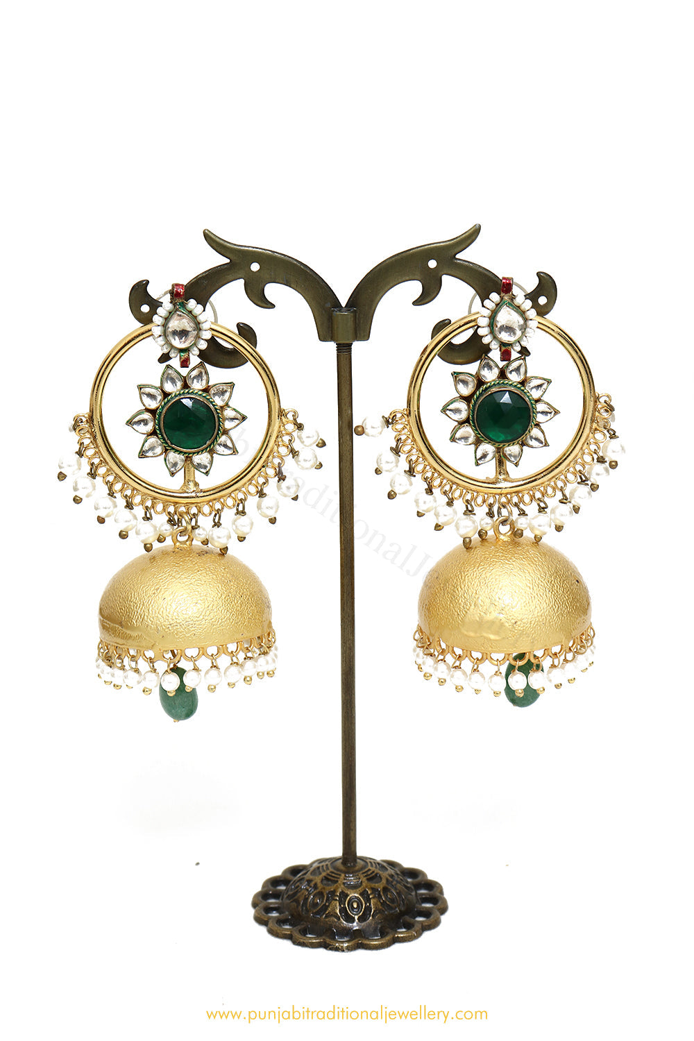 Gold Finished Emerald Kundan Jhumki Earrings by PTJ
