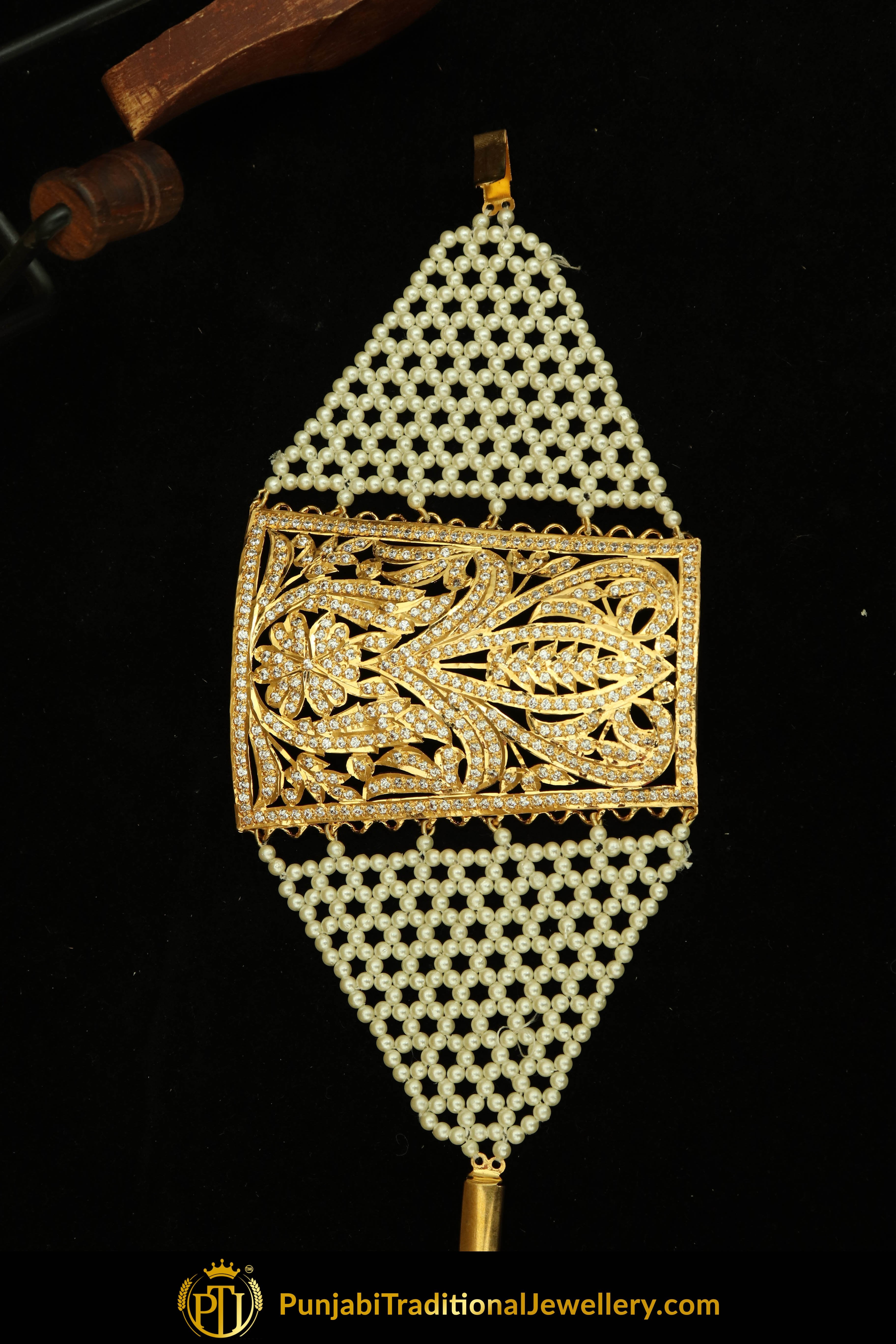 Gold Finished Pearl Jadau Bracelet | Punjabi Traditional Jewellery Exclusive