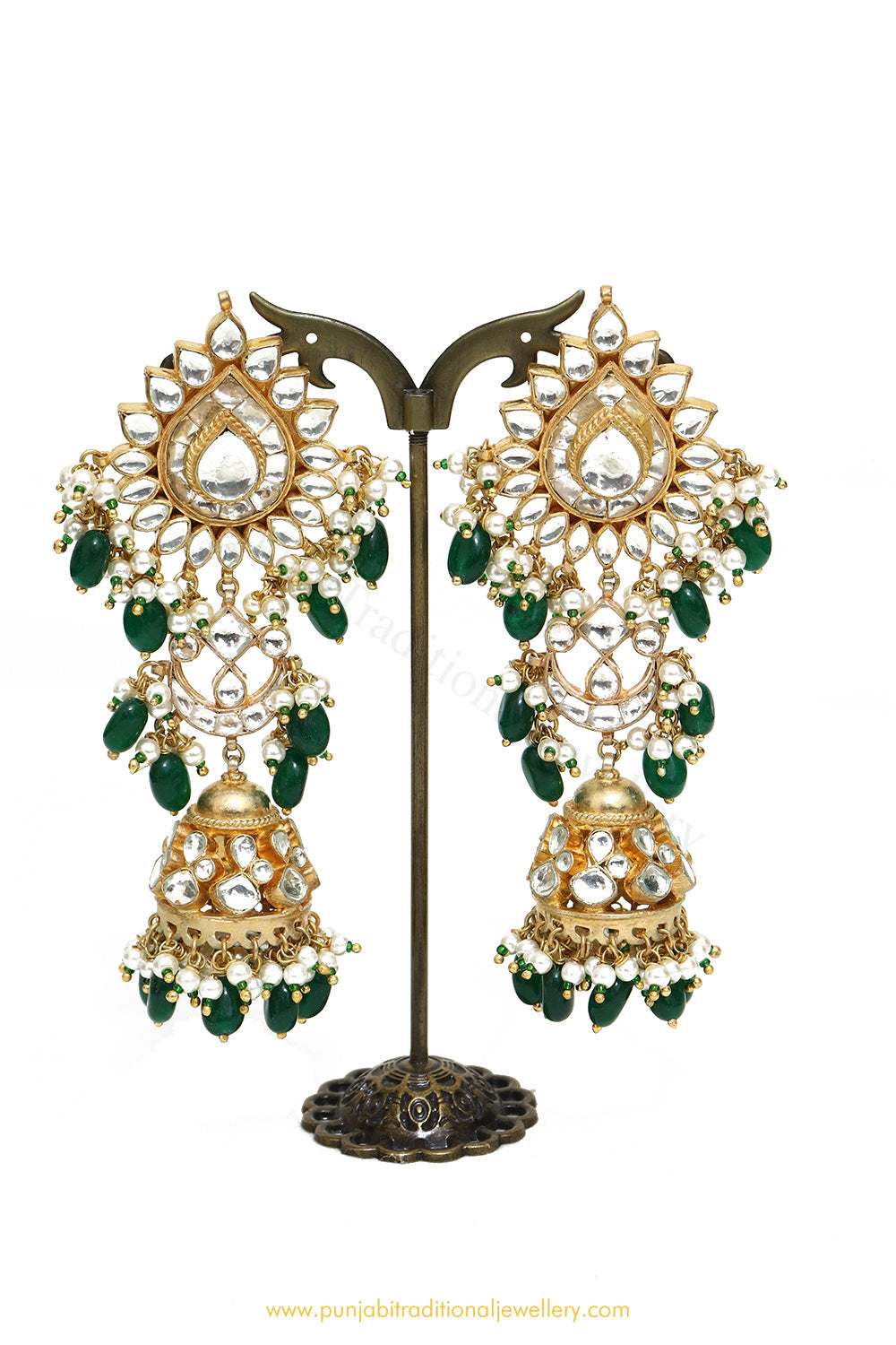 Gold Finished Emerald Kundan Jhumki Earrings by PTJ