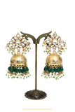 Gold Finished Emerald Kundan Jhumki Earrings by PTJ