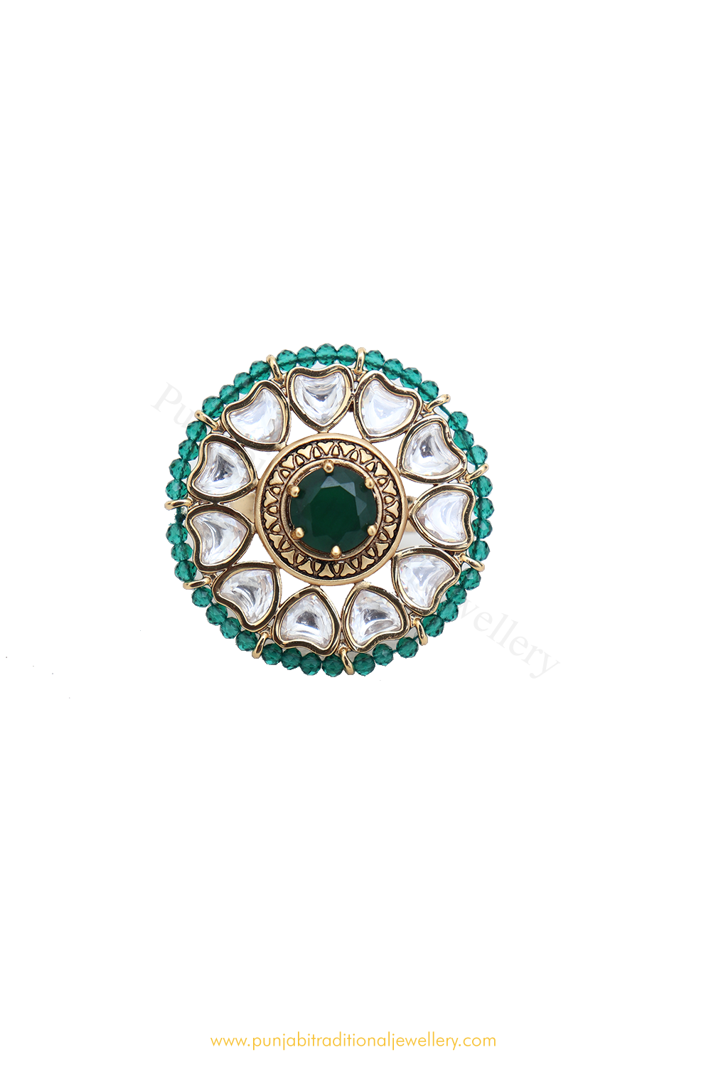 Gold Finished Emerald Kundan Ring By PTJ