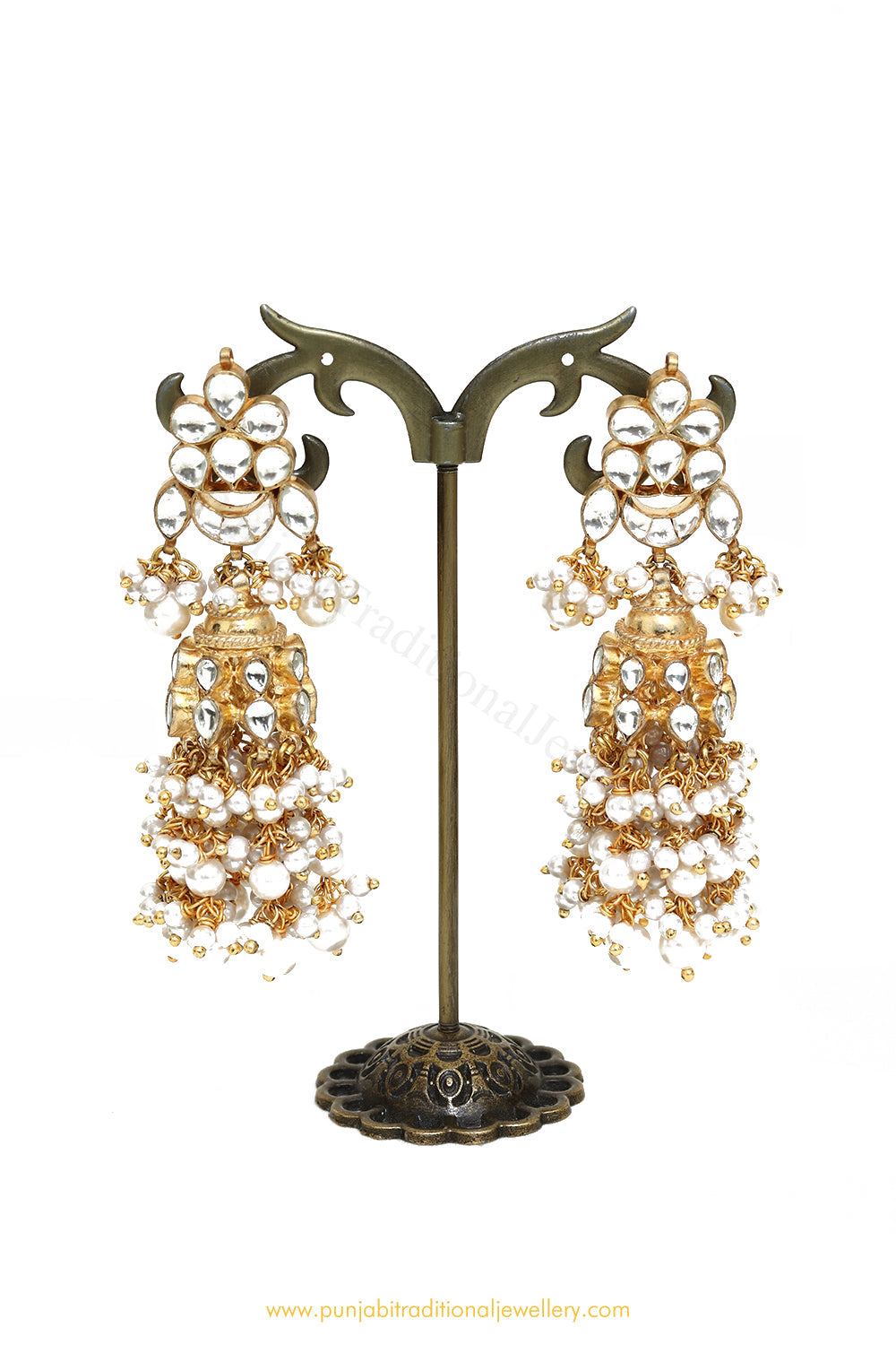 Gold Finished Pearl Kundan Jhumki Earrings by PTJ