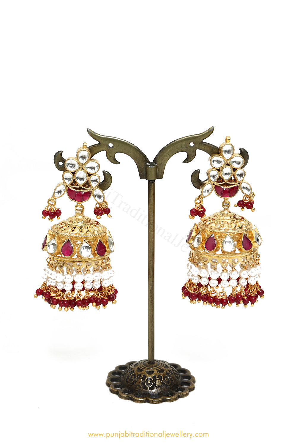 Gold Finished Rubby Kundan Jhumki Earrings by PTJ