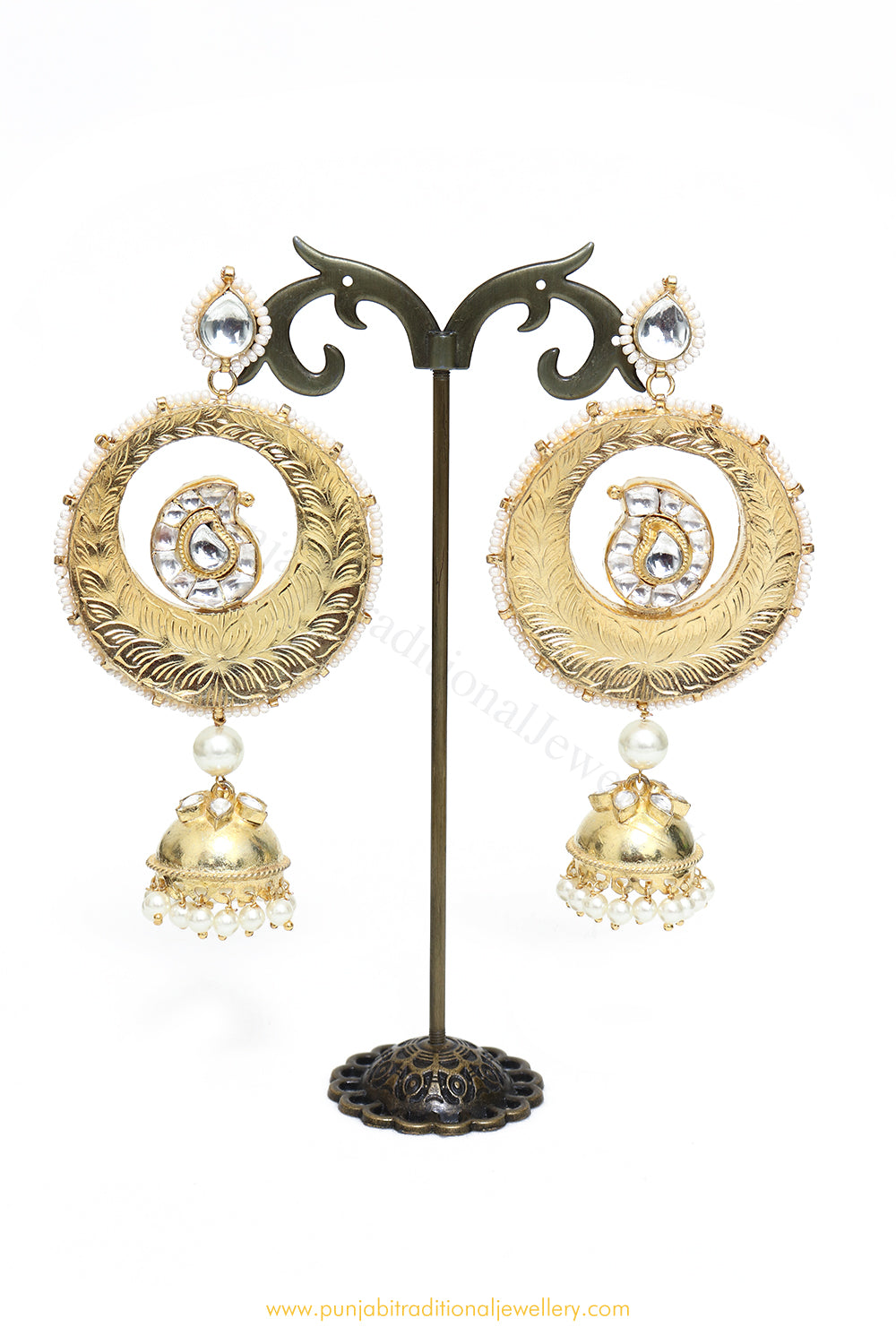 Gold Finished Kundan Pearl Earrings by PTJ
