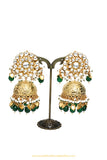Gold Finished Kundan Pippal Patti Emerald Jhumki Earrings by PTJ