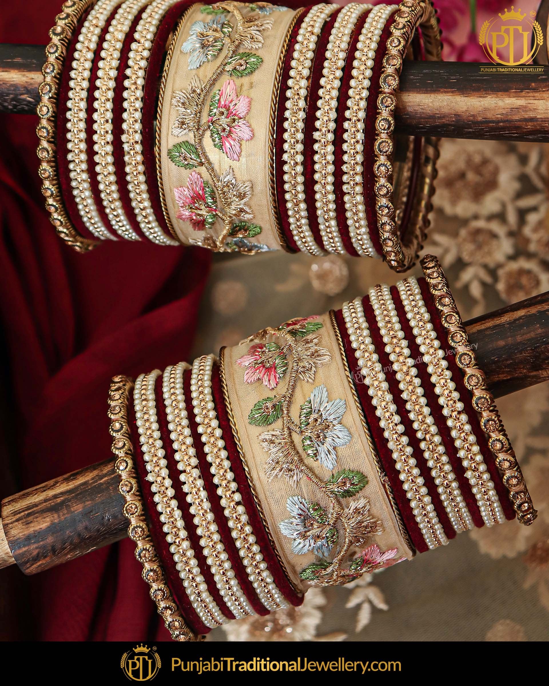 Antique Gold Hand Embroidered Rubby Bangles Set For Both Hands |  Punjabi Traditional Jewellery Exclusive