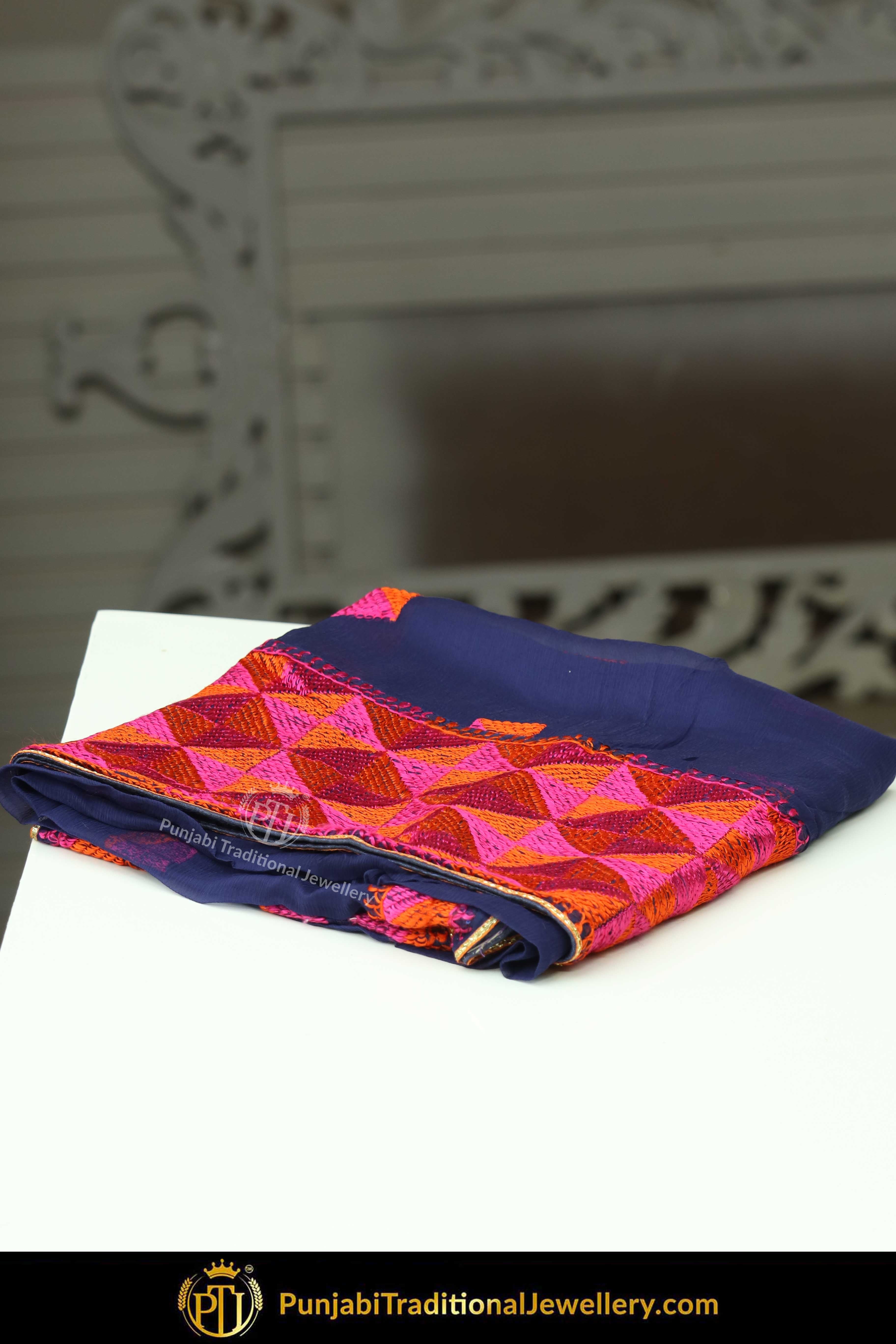 Blue & Red Color Pure Phulkari Dupatta By Punjabi Traditional Jewellery