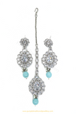 Silver Finished Firoza Polki Earrings  & Tikka Set By PTJ