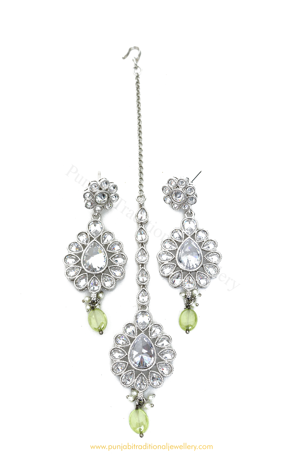 Silver Finished Polki Earrings & Tikka Set By PTJ