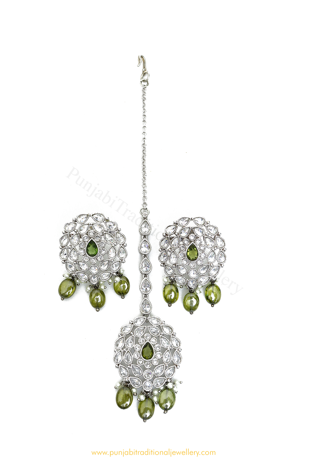 Silver Finished Mehndi Green Polki Studs & Tikka Set By PTJ