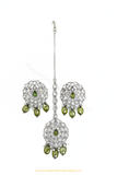 Silver Finished Mehndi Green Polki Studs & Tikka Set By PTJ