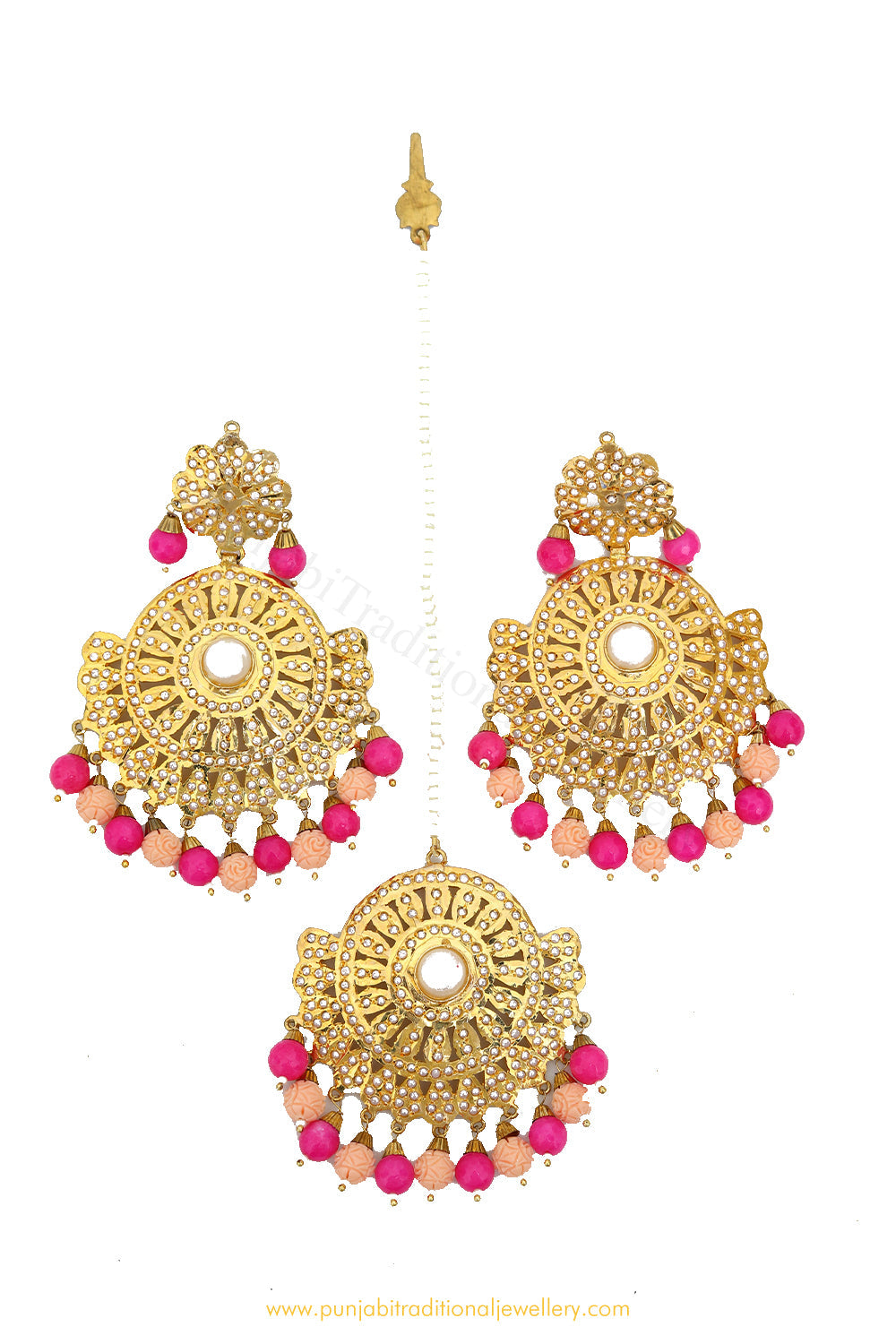 Gold Finished Peach Magenta Jadau Earrings & Tikka Set By PTJ