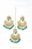 Gold Finished Mint Jadau Earrings & Tikka Set By PTJ