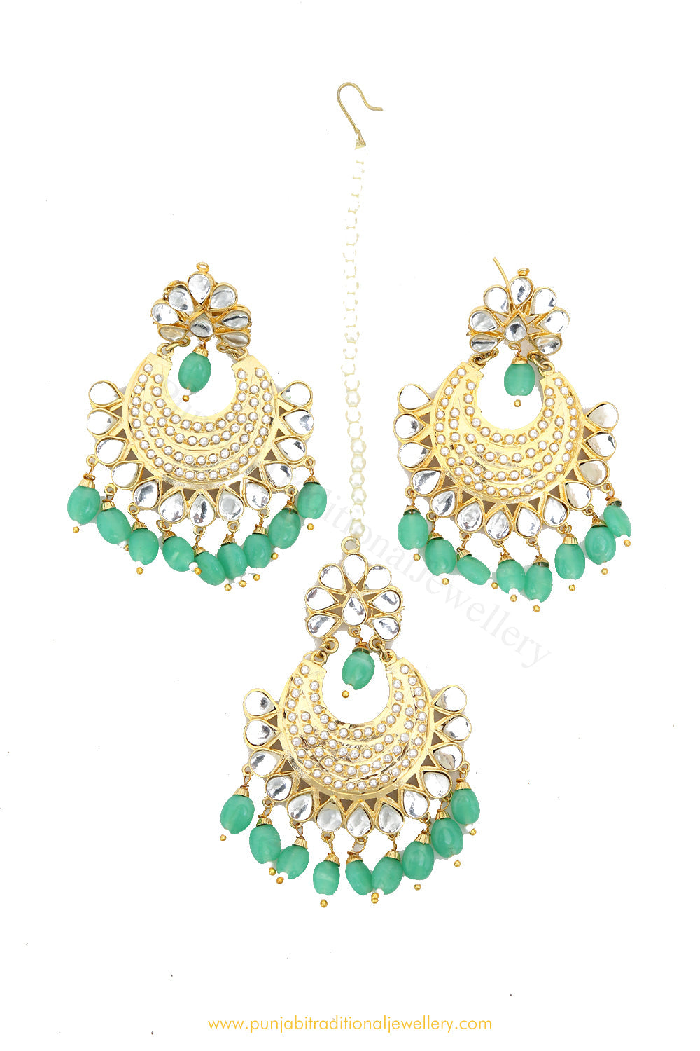 Gold Finished Mint Kundan Earring Tikka Set By PTJ