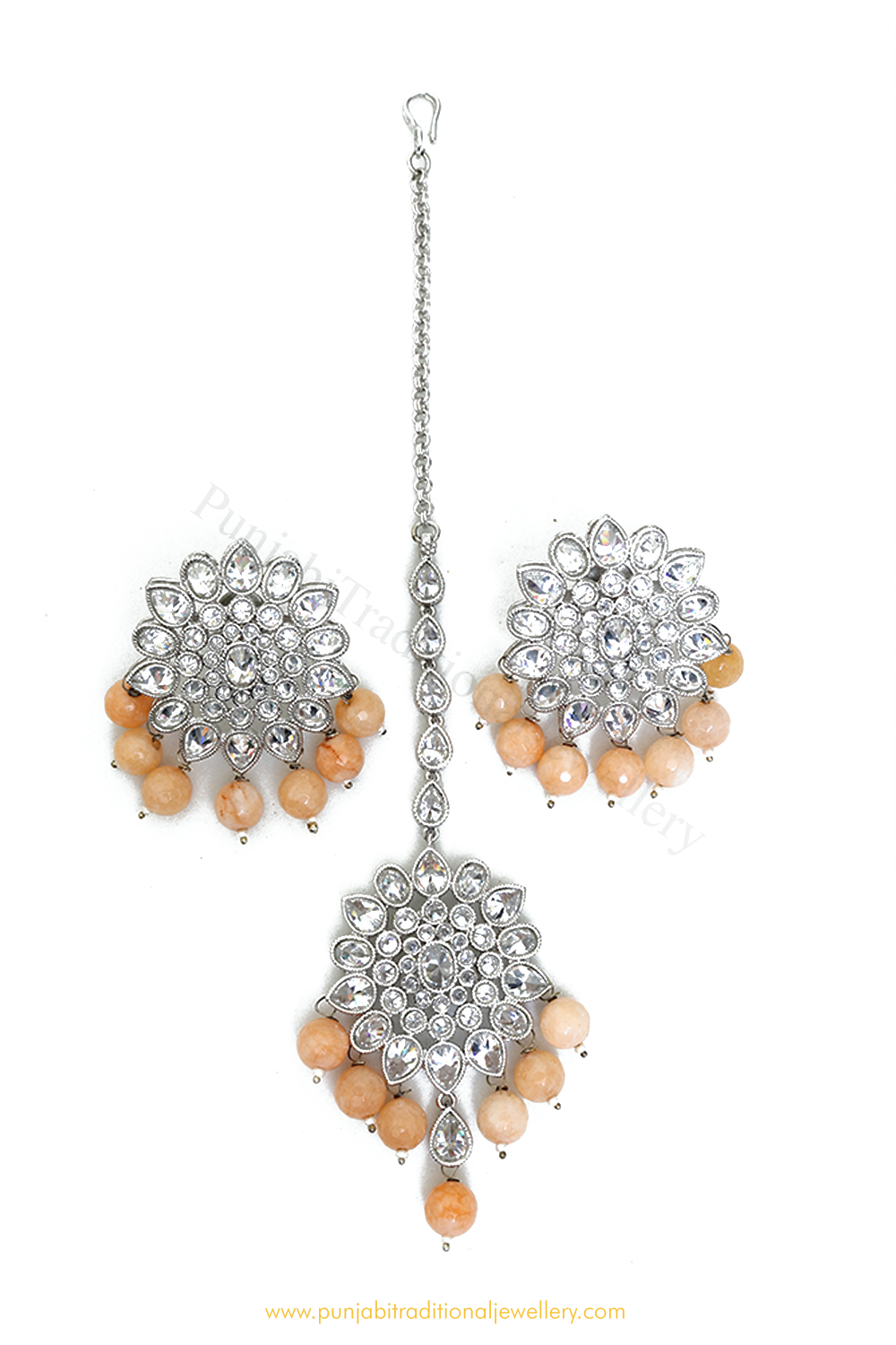 Silver Finished Peach Polki Studs & Tikka Set By PTJ