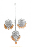 Silver Finished Peach Polki Studs & Tikka Set By PTJ