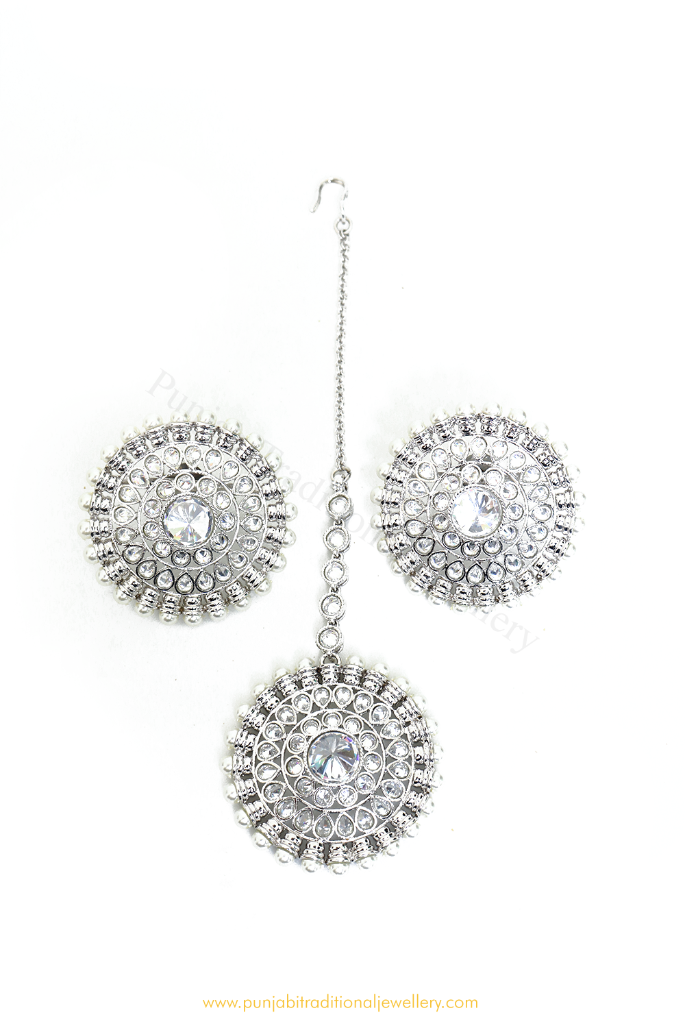 Silver Finished Polki Studs & Tikka Set By PTJ