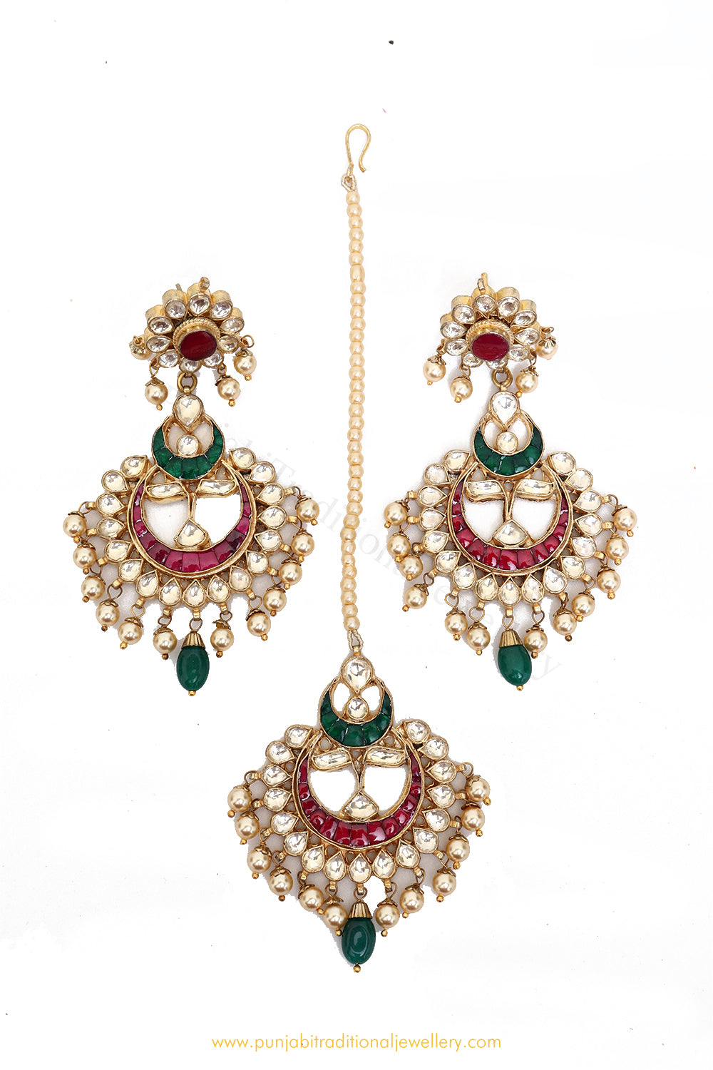 Gold Finished Rubby Emerald KundanEarring Tikka Set By PTJ