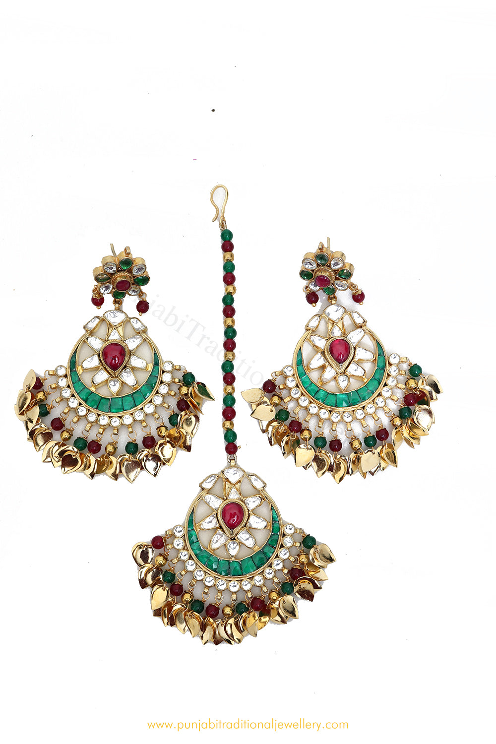 Gold Finished Rubby Emerald KundanEarring Tikka Set By PTJ