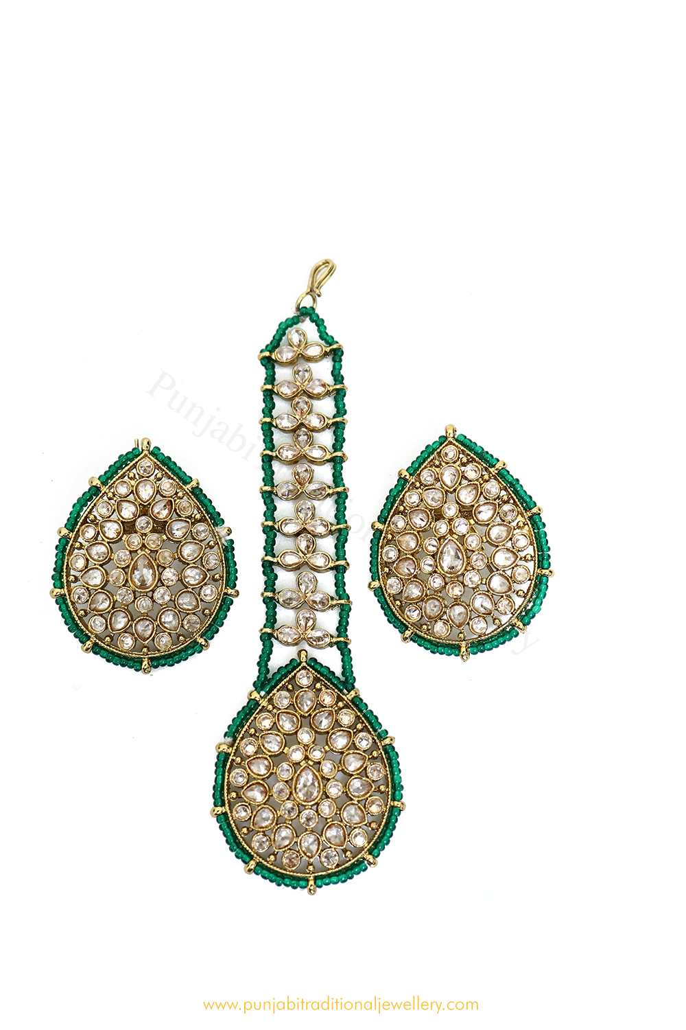 Champagne Stone Emerald Studs & Tikka Set By PTJ