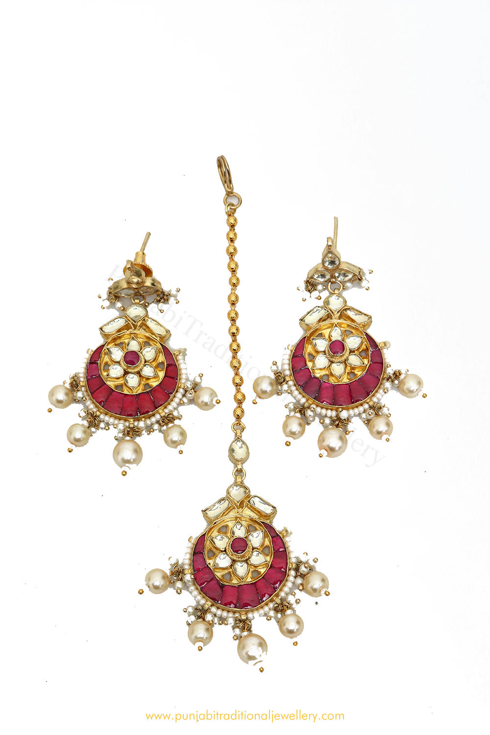 Gold Finished Rubby Kundan Earrings & Tikka Set By PTJ