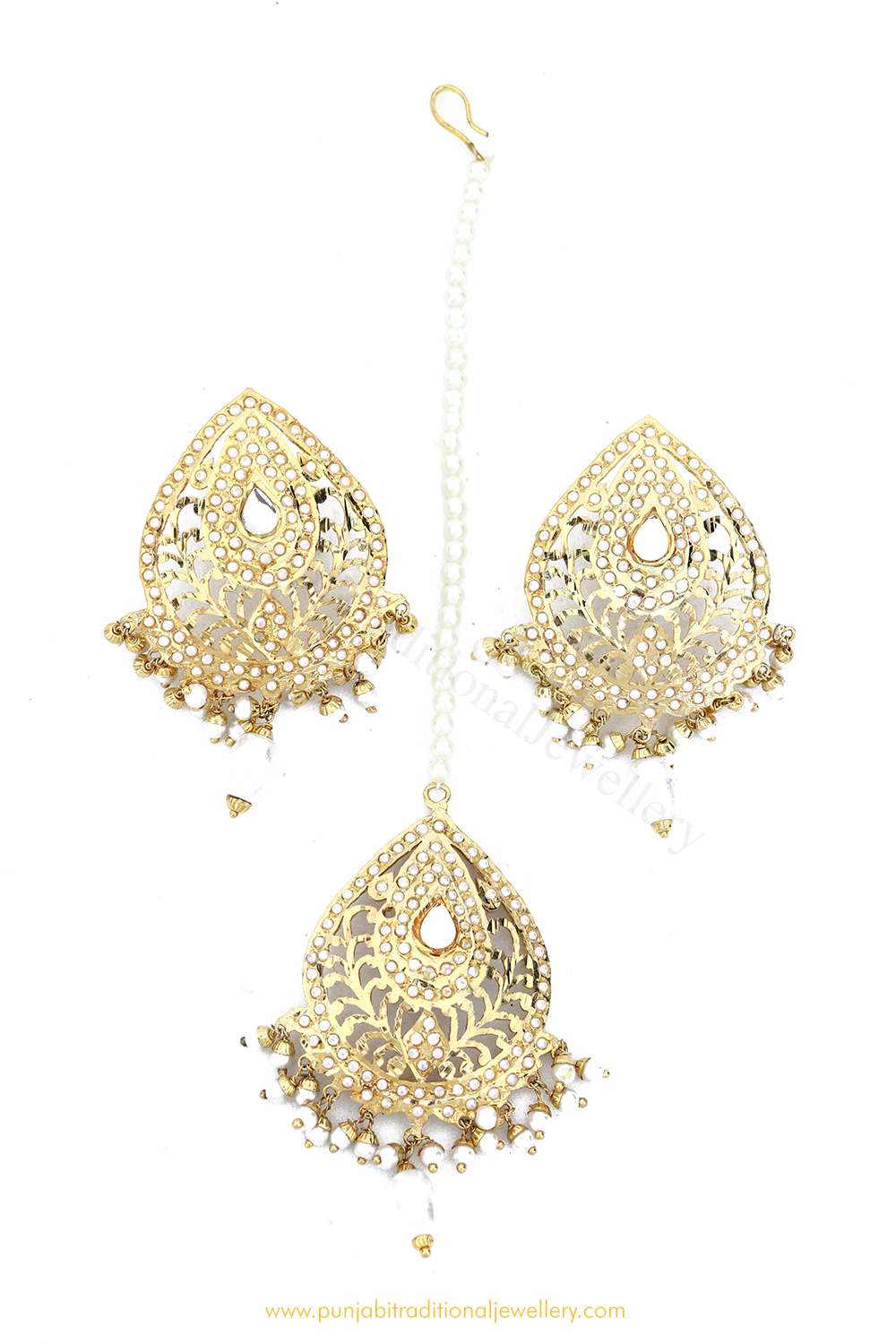 Gold Finished Pearl Jadau Studs & Tikka Set By PTJ