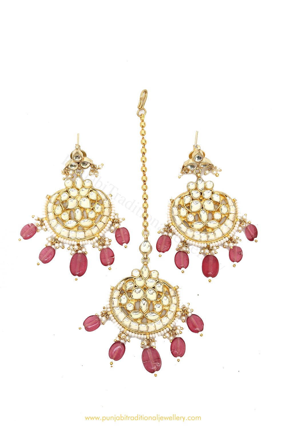 Gold Finished Rubby Kundan Earrings & Tikka Set By PTJ