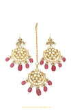 Gold Finished Rubby Kundan Earrings & Tikka Set By PTJ