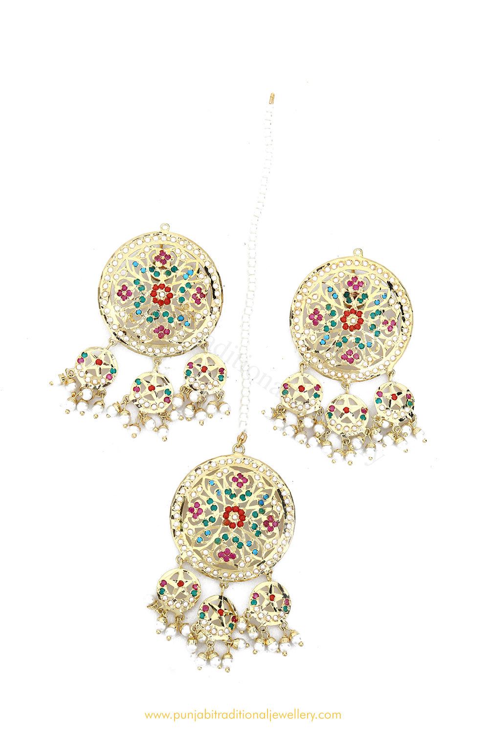 Gold Finished Navratan Jadau Studs & Tikka Set By PTJ