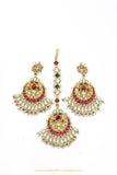 Gold Finished Rubby Emerald Kundan Earring & Tikka Set By PTJ