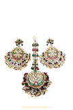 Gold Finished Rubby Emerald Kundan Earring & Tikka Set By PTJ